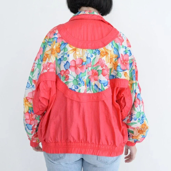 Vintage Lavon 90's 'Neon Coral & Floral Nylon Zip Up  Windbreaker Jacket L - Picture 3 of 11